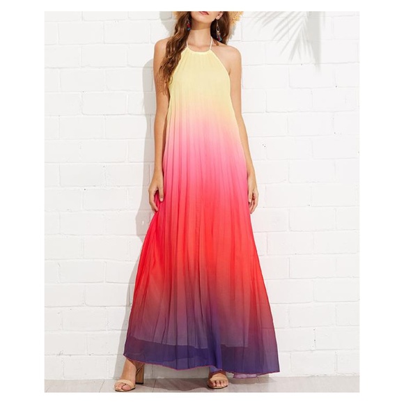 Multicolor Ombre Backless Pleated Halter Maxi Dress - Picture 2 of 4